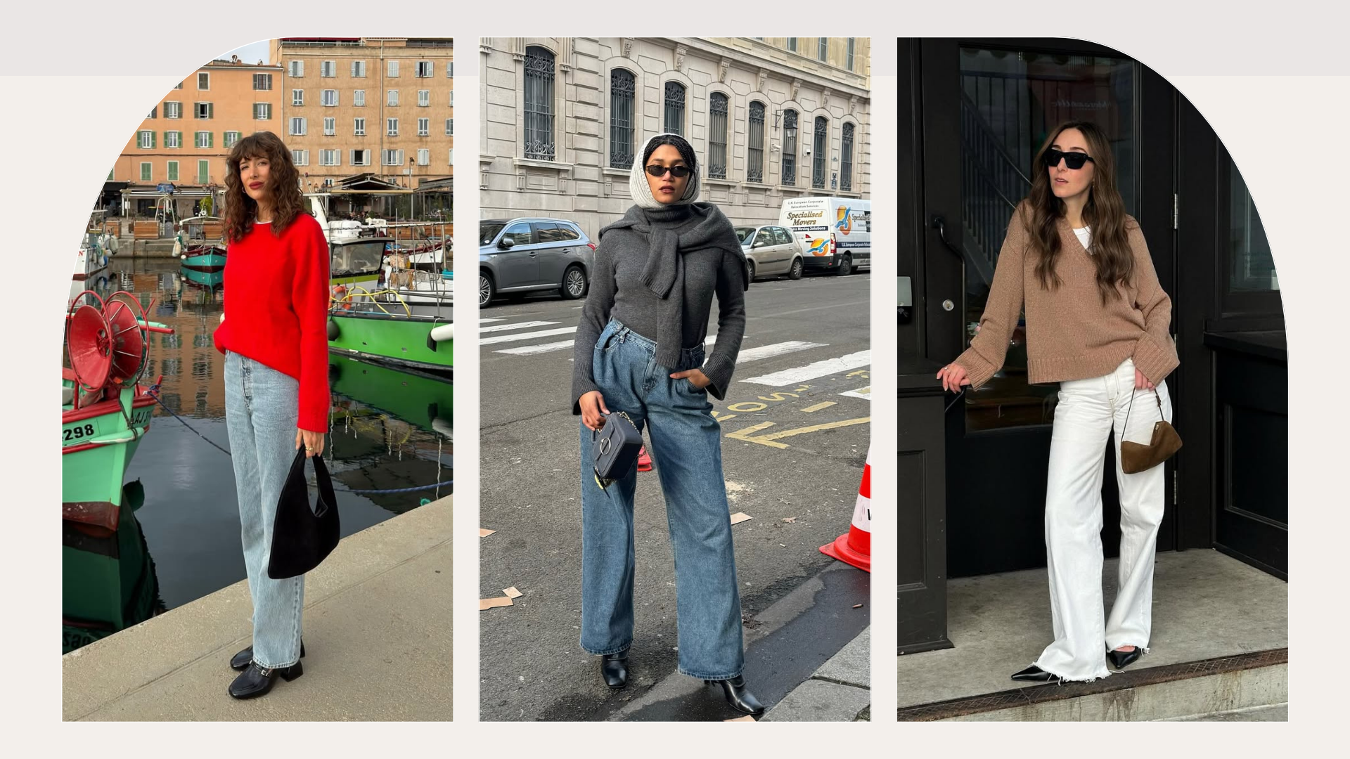 Influencers Lena Farl, Julie Sergent Ferreri, Sarah Rose Palm wearing jumper and jeans outfits. 