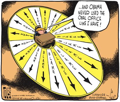 Political cartoon U.S. Trump presidency blame Obama