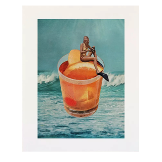 An old-fashioned art print of a woman at the beach sitting in a cocktail glass