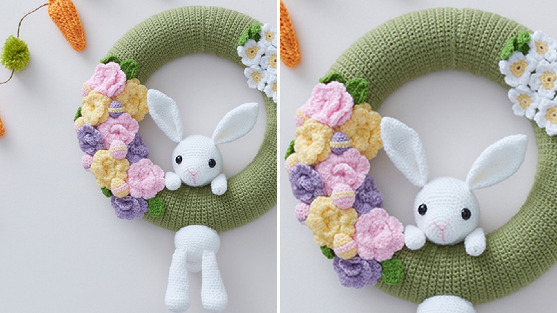 A DIY Easter Wreath made out of crochet with a rabbit incorporated into the design