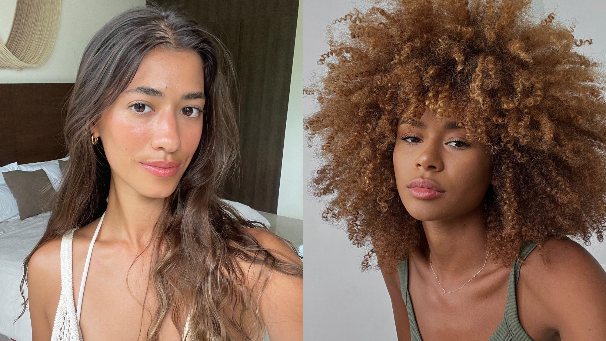 Collage of woman with long wavy hair and a woman with a curly afro.