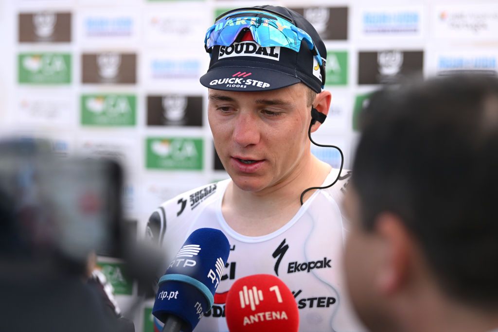 ALBUFEIRA PORTUGAL FEBRUARY 17 Stage winner Remco Evenepoel of Belgium and Team Soudal Quick Step meets the media press after the 50th Volta ao Algarve em Bicicleta 2024 Stage 4 a 22km individual time trial in Albufeira on February 17 2024 in Albufeira Portugal Photo by Dario BelingheriGetty Images