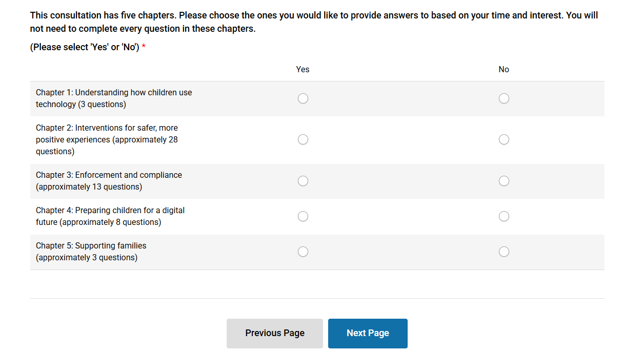 Screenshot of UK national consultation on new measures to protect children online (taken on April 2026)