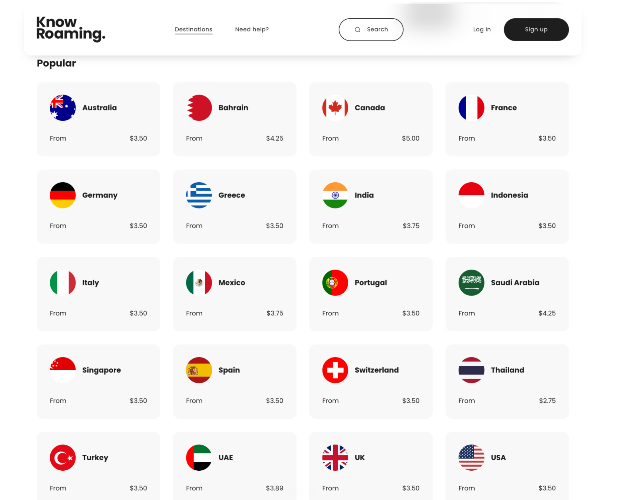 knowroaming destinations pricing