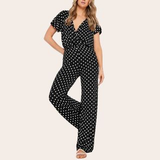 Tall Black Polka Dot Wrap Jumpsuit