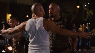 Dwayne Johnson stares down with Dominic Toretto in Fast Five