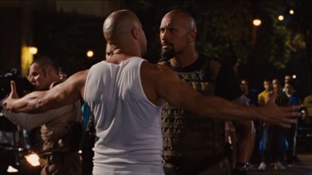 Dwayne Johnson stares down with Dominic Toretto in Fast Five
