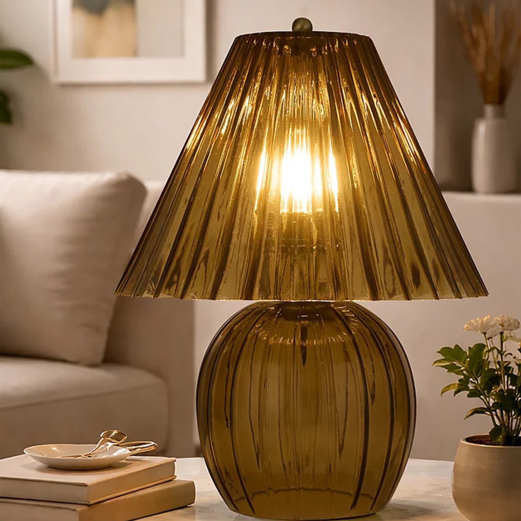 Searchlight Ribbed Amber Glass Table Lamp
