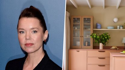 anna maxwell-martin on a splitscreen with her london kitchen on the right