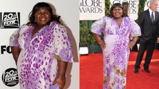 Gabourey Sidibe in a purple patterned sequin gown at the 2011 golden globes