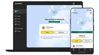 Norton's main VPN interface being displayed on a laptop and smartphone.