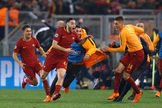 Kostas Manolas celebrates after scoring the decisive goal for Roma in their 2017/18 Champions League quarter-final aggregate win over Barcelona