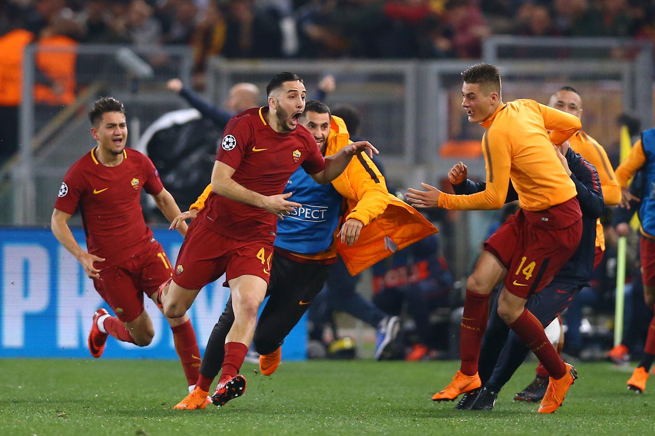 Kostas Manolas celebrates after scoring the decisive goal for Roma in their 2017/18 Champions League quarter-final aggregate win over Barcelona