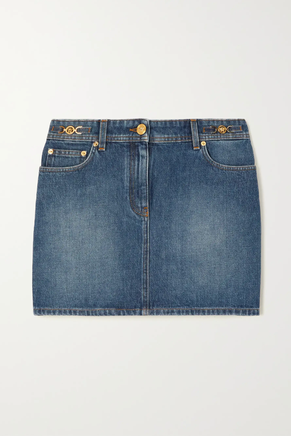 VERSACE, Icons Embellished Denim Mini Skirt