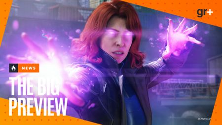 Jean Grey prepares to fight in Marvel's Wolverine, with glowing purple hands, with the orange GamesRadar Big Preview frame