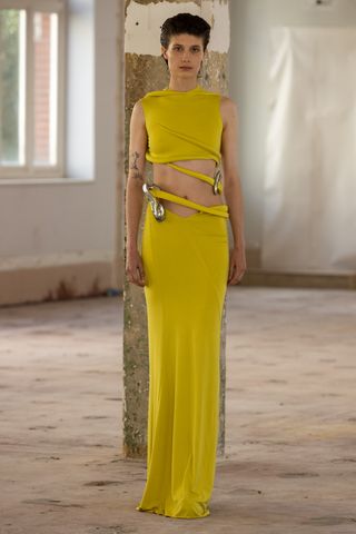 Model wears column dress at London Fashion Week S/S 2023