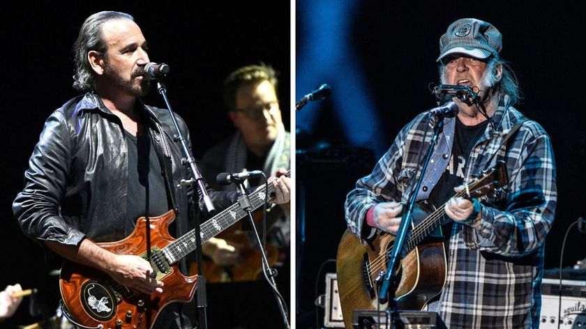 Left-Jason Sinay performs onstage during The Jubilee - A Celebration of Jerry Garcia presented by The Bluegrass Situation at The Theatre at Ace Hotel on March 30, 2018 in Los Angeles, California; Right-Neil Young performs at the Autism Speaks Light Up The Blues 6 Concert at The Greek Theatre on April 22, 2023 in Los Angeles, California