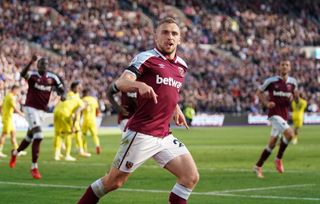 West Ham United’s Jarrod Bowen celebrates scoring their side’s first goal of the game during the Premier League match at the London Stadium, London. Picture date: Sunday October 3, 2021
