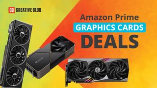 Best Prime Day graphics card deals - Three graphics cards on a green and orange background. 