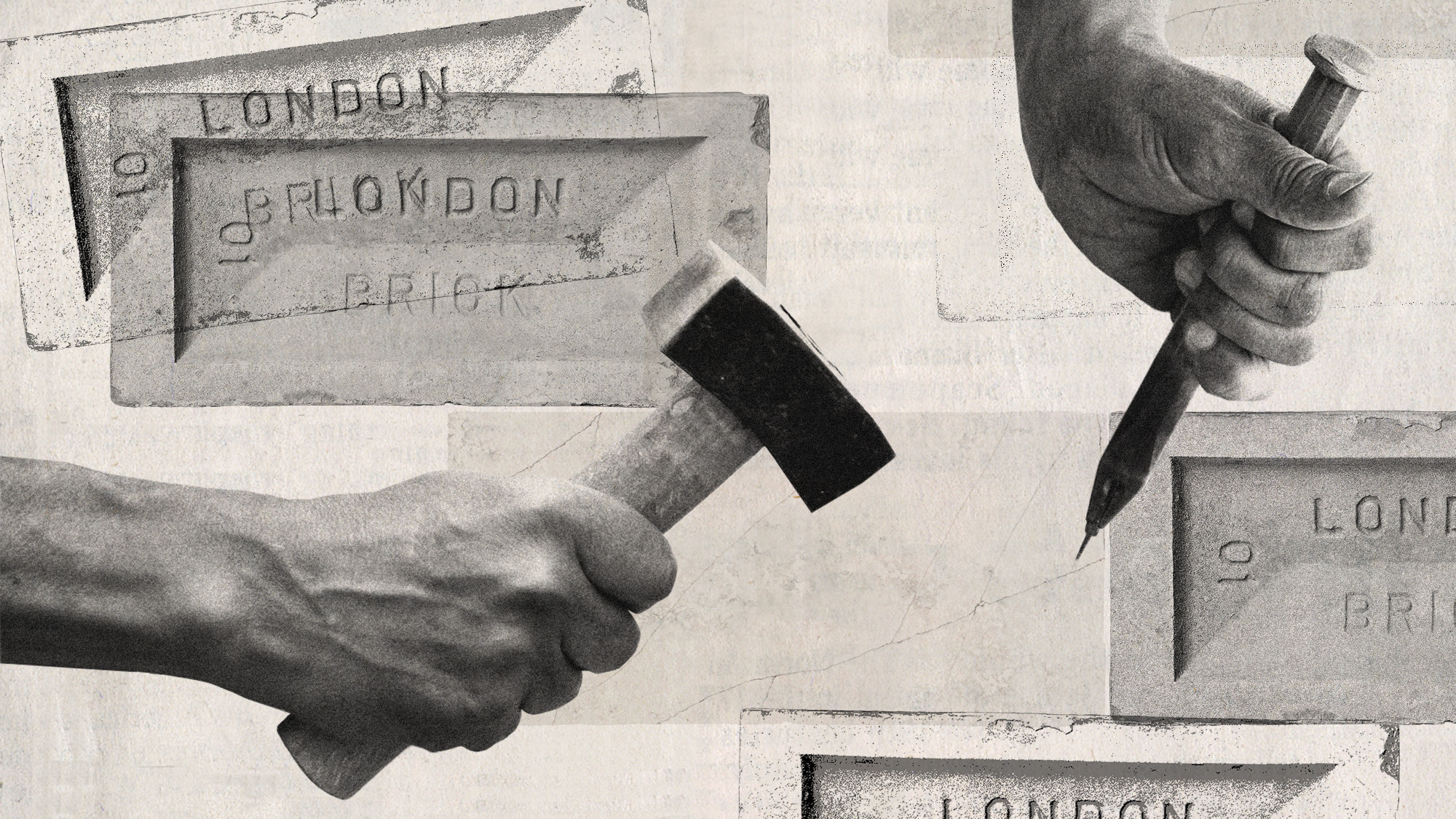 Photo collage of hands holding a chisel and a mallet, clay bricks, and stone bricks