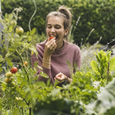 A woman in a garden bites into a tomato