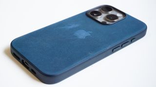 iPhone 15 Pro review FineWoven back angled BLTR
