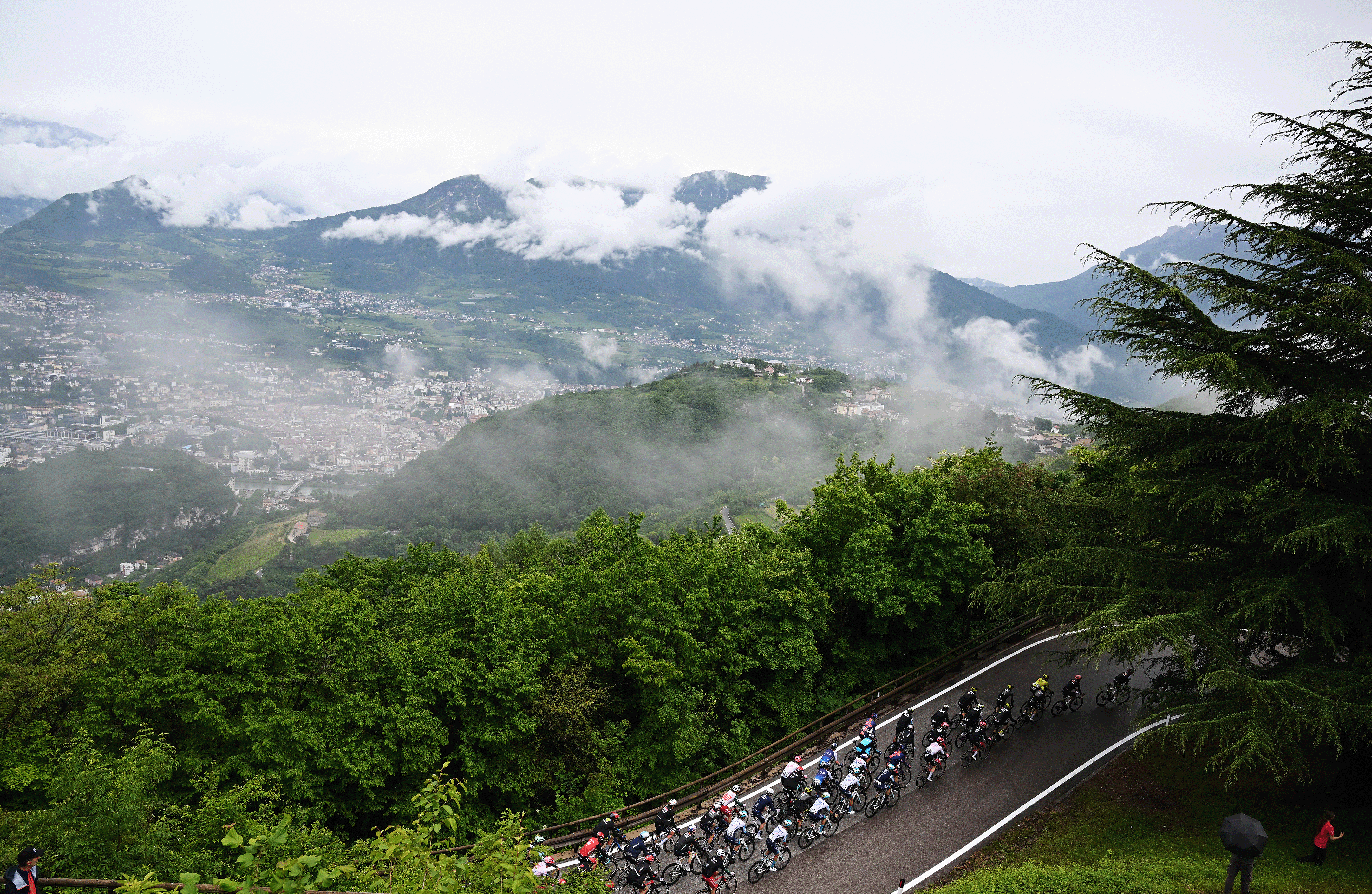 SAN VALENTINO, ITALY - MAY 27: A general view of the peloton compete climbing to the Candriai (966m) during the 108th Giro d'Italia 2025, Stage 16 a 203km stage from Piazzola sul Brenta to San Valentino (Brentonico) 1316m / #UCIWT / on May 27, 2025 in San Valentino, Italy. (Photo by Dario Belingheri/Getty Images)