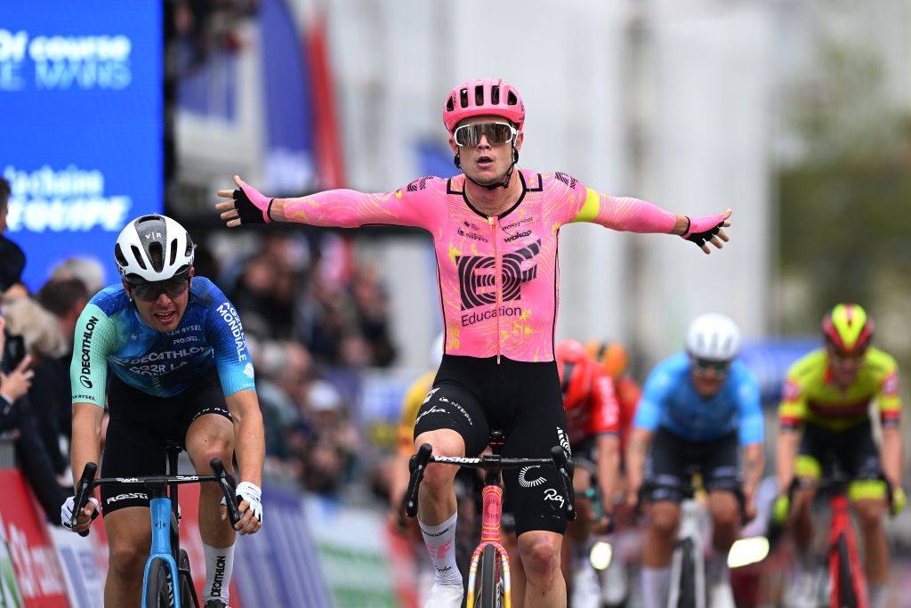 LE MANS FRANCE APRIL 05 Marijn van den Berg of The Netherlands and Team EF Education EasyPost celebrates at finish line as stage winner ahead of Benoit Cosnefroy of France and Decathlon AG2R La Mondiale Team during the 70th Region Pays de la Loire Tour 2024 Stage 4 a 1749km stage from MarolleslesBraults to Le Mans on April 05 2024 in Le Mans France Photo by Dario BelingheriGetty Images