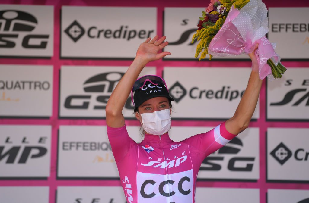 SANMARCOLACATOLA ITALY SEPTEMBER 18 Podium Marianne Vos of The Netherlands and Team CCC Liv Purple Points Jersey Celebration Mask Covid safety measures Flowers during the 31st Giro dItalia Internazionale Femminile 2020 Stage 8 a 915km stage from Castelnuovo della Daunia to San Marco la Catola 640m GiroRosaIccrea GiroRosa on September 18 2020 in San Marco la Catola Italy Photo by Luc ClaessenGetty Images