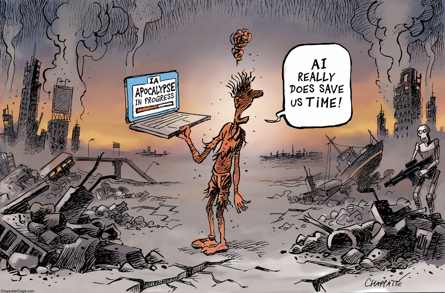 A haggard, wounded man in threadbare clothes stands in a hellscape of a destroyed, dystopian city. A robot stands nearby with a gun. The man holds a computer with a screen that reads, &amp;ldquo;Apocalypse In Progress&amp;rdquo; and says, &amp;ldquo;AI really does save us time!&amp;rdquo;