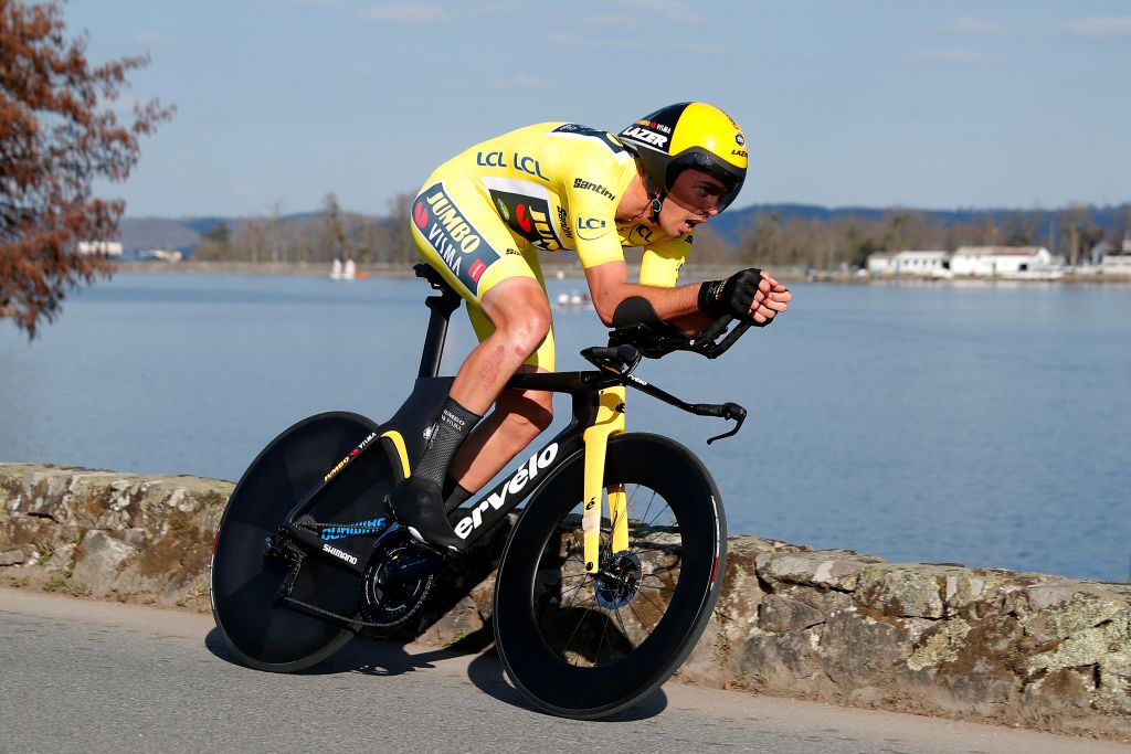 MONTLUCON FRANCE MARCH 09 Christophe Laporte of France and Team Jumbo Visma yellow leader jersey sprints during 80th Paris Nice 2022 Stage 4 a 134km individual time trial from Domrat to Montluon ParisNice WorldTour on March 09 2022 in Montlucon France Photo by Bas CzerwinskiGetty Images
