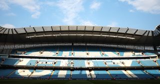 Manchester City stadium, the Etihad, prior to the Premier League match between Manchester City and Arsenal FC at Etihad Stadium on April 26, 2023 in Manchester, England.