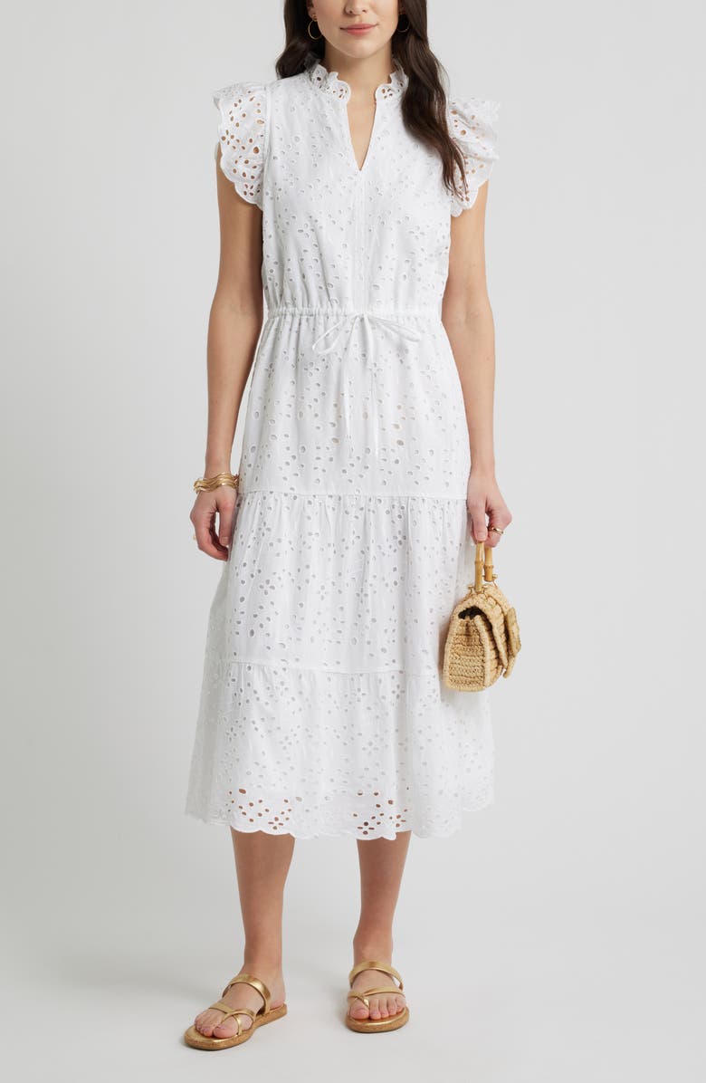 Ruffle Flutter Sleeve Cotton Broderie Anglaise Midi Dress