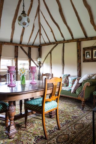 cottage dining room with beams