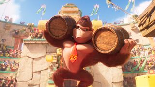 Donkey Kong smirks as he holds two barrels in The Super Mario Bros. Movie