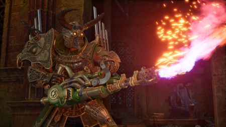 An armored, steampunk-y warrior blasts a flamethrower in a screenshot from Clockwork Revolution.