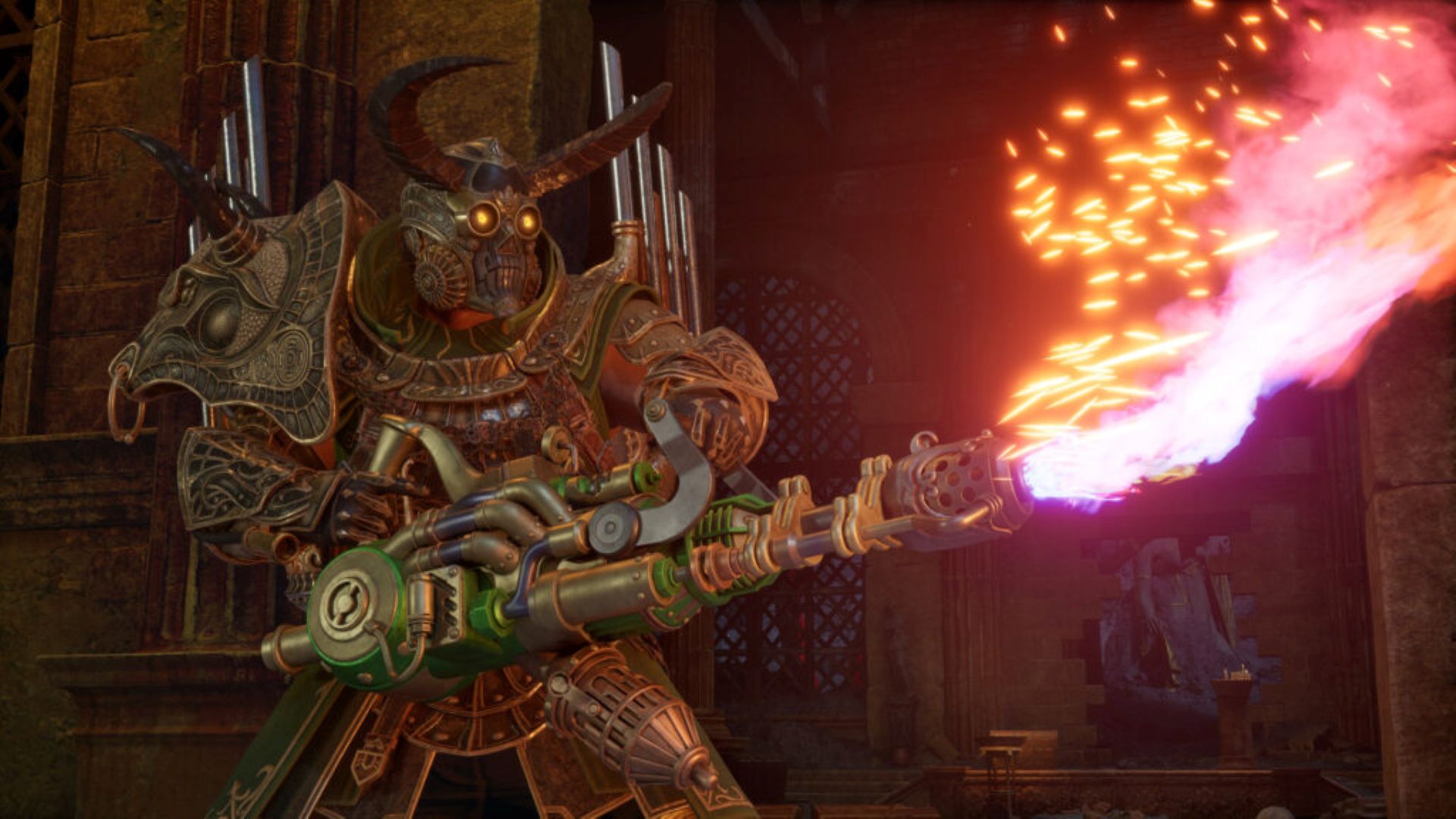 An armored, steampunk-y warrior blasts a flamethrower in a screenshot from Clockwork Revolution.