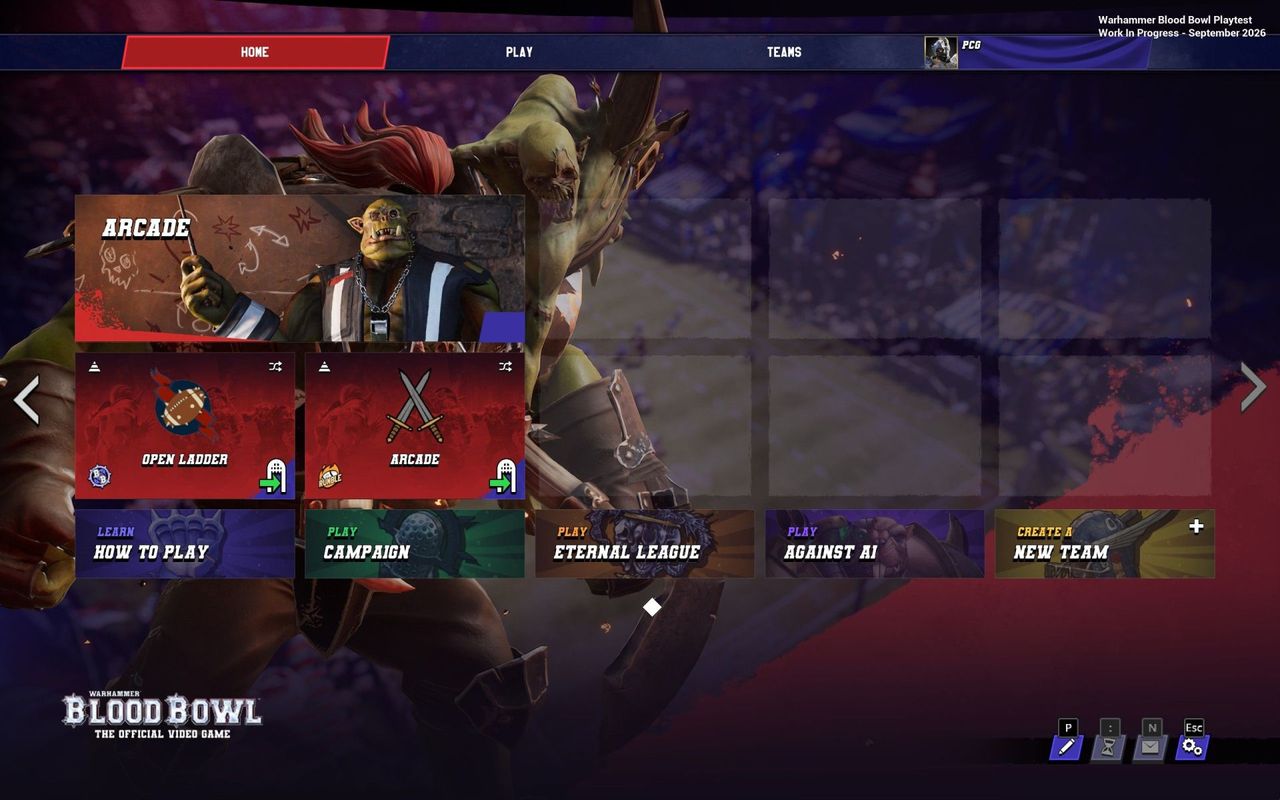 A menu screen from the Warhammer: Blood Bowl playtest beta