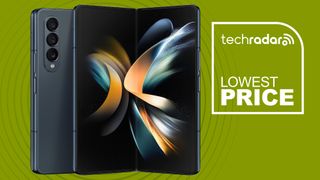 Samsung Galaxy Z Fold 4 front and back on top of TechRadar lowest price banner in green