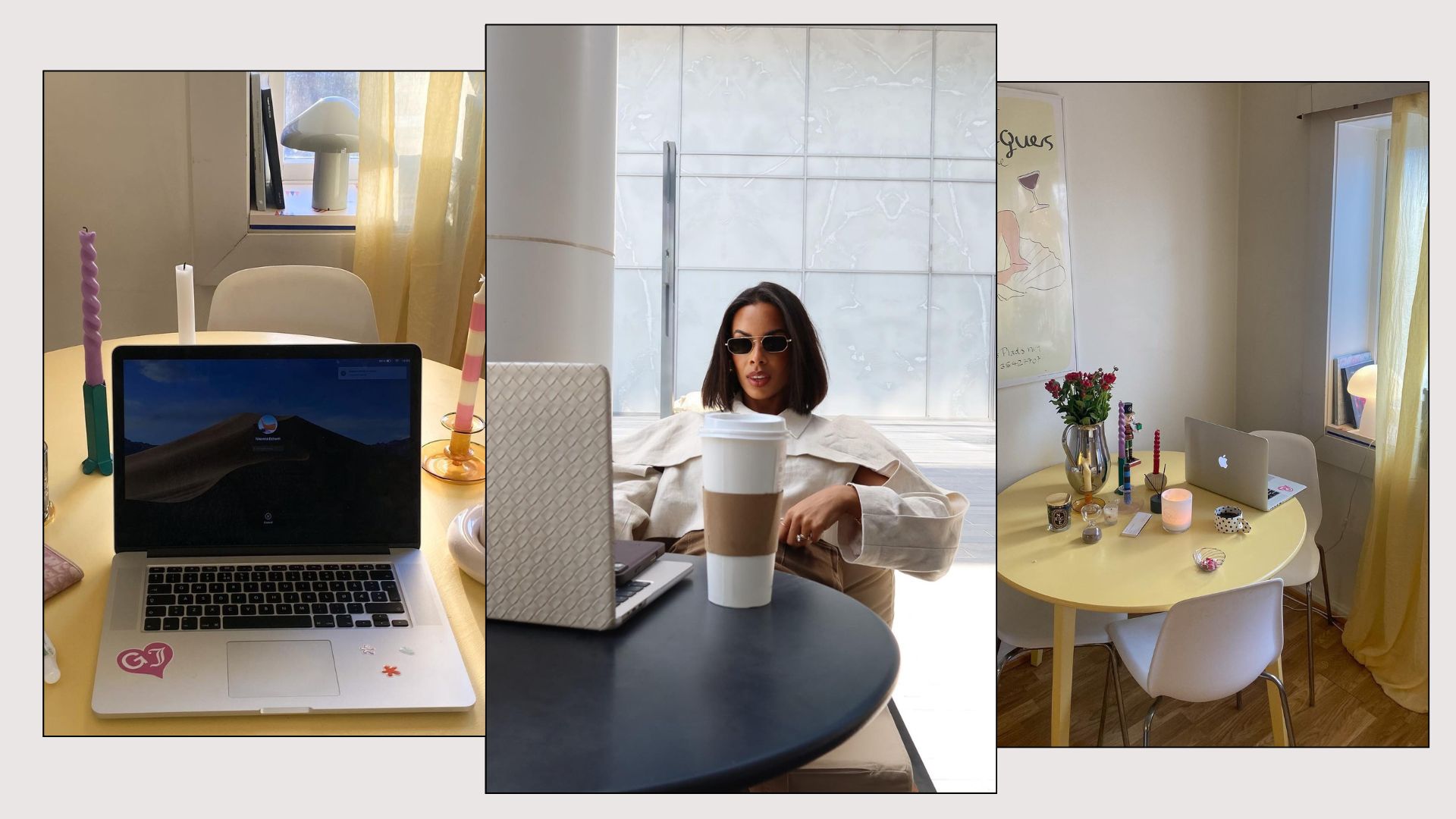 Rochelle Humes working on a laptop and a picture of a colourful living room with a laptop on the table