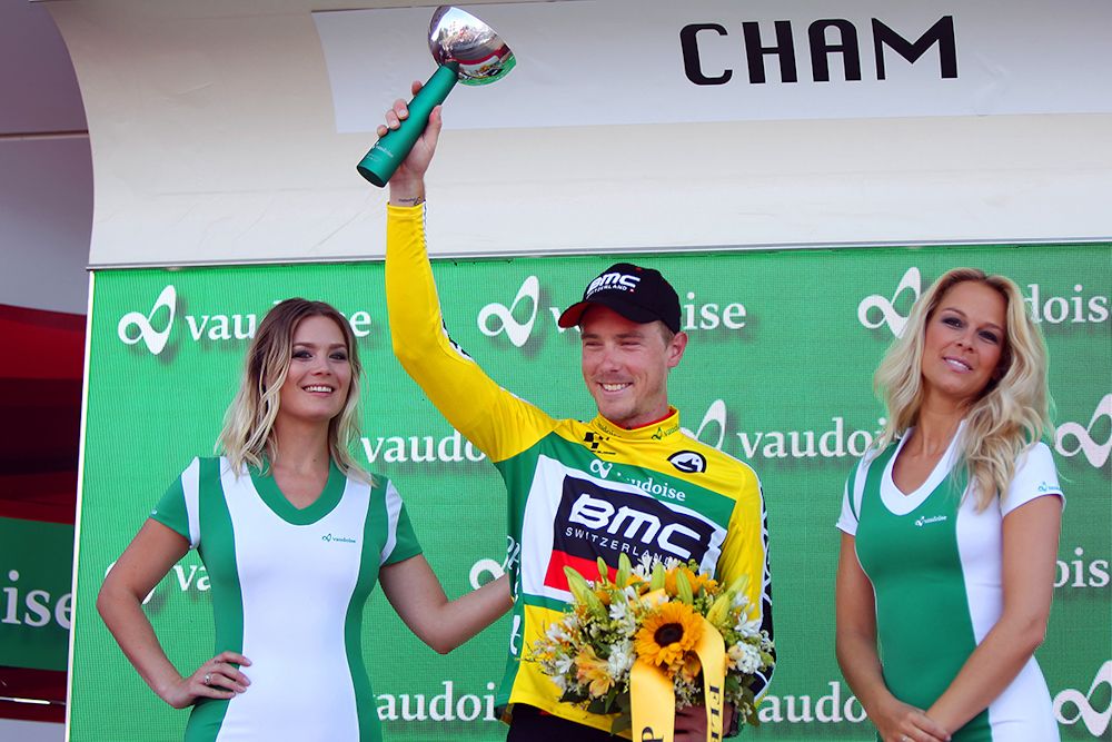 Rohan Dennis in yellow on the stage 1 podium at Tour de Suisse