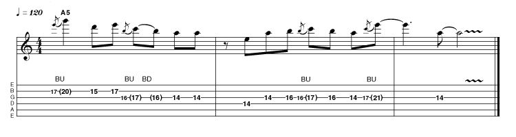 Each position presents new possibilities, with the new fingering placing different notes under string-bending fingers. Here the minor 3rd bend between E and G is easily attainable as it is found under the third finger. To achieve the same sonic result in Area 1 you would either have to use your first finger (not the most desirable digit!) or shift back a position, which effectively puts you in area 5 anyway.