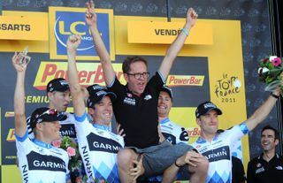 Garmin team celebrate the stage win, Tour de France 2011, stage two