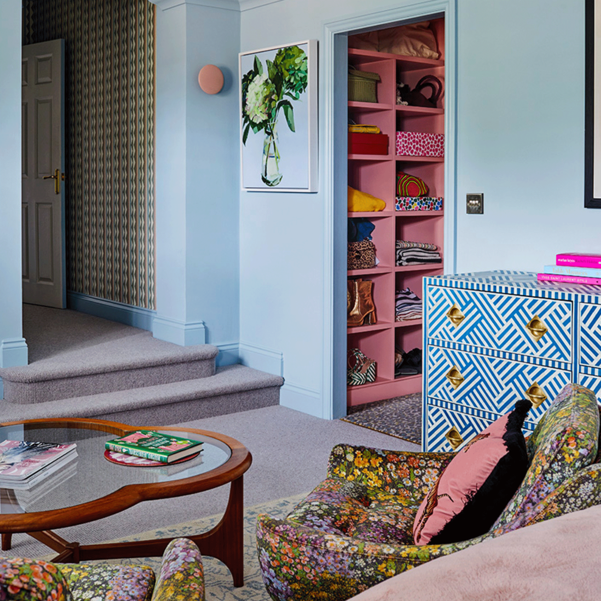 Blue room with pink shelves