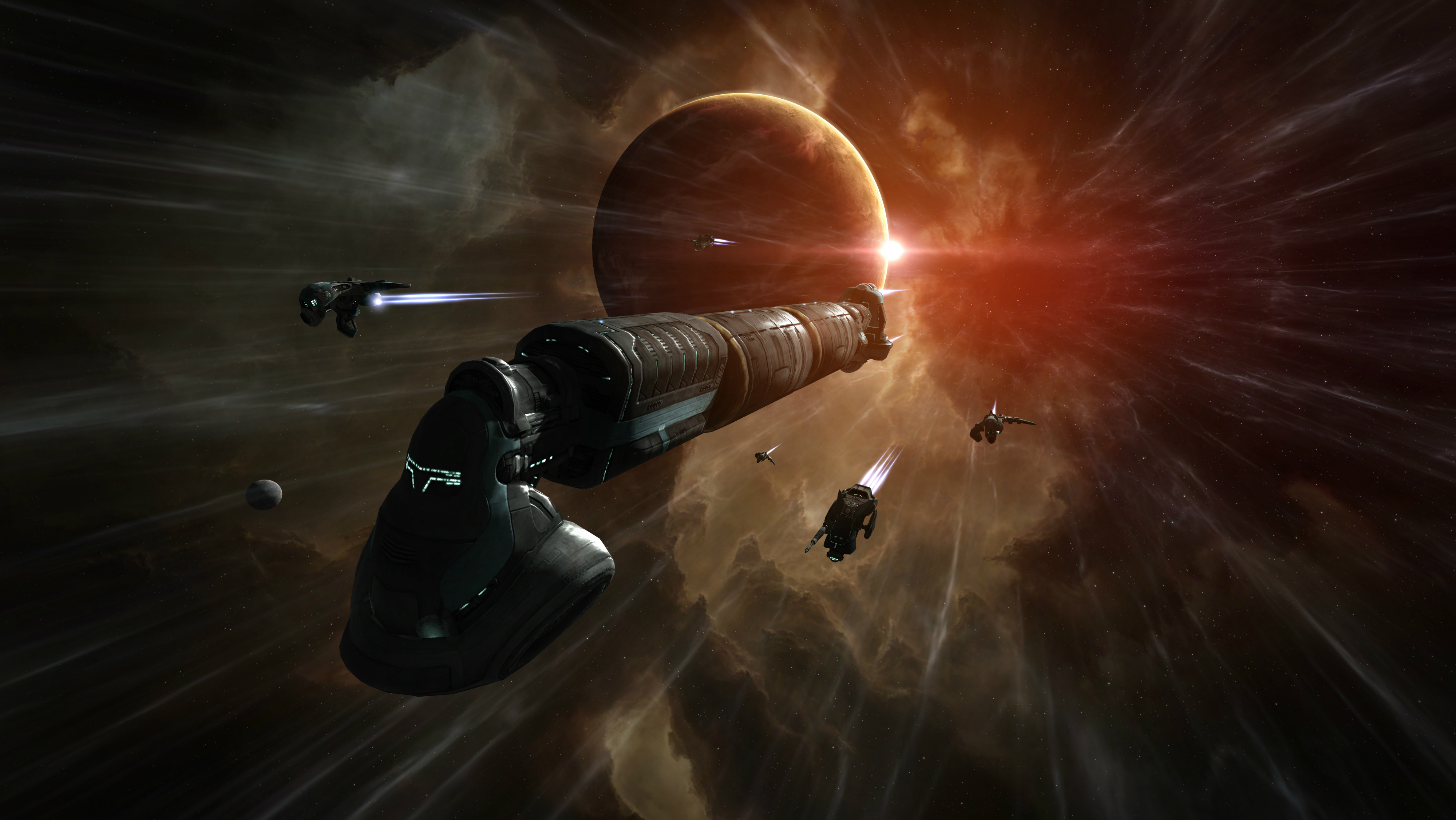 best MMO games: a fleet of spaceships travelling away from a planet