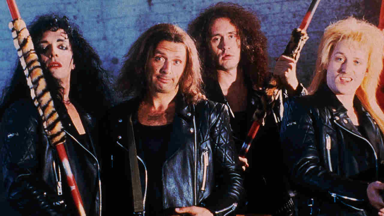 Spoof metal band Bad News posing for a photograph in the 1980s