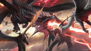 Two dragons in the sky are locked in combat, with one breathing red electrical energy on the other