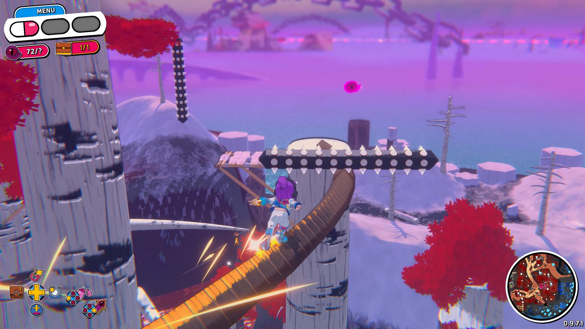 Beebz grinds through a crimson forest in Demon Tides, heading towards a spiked bar