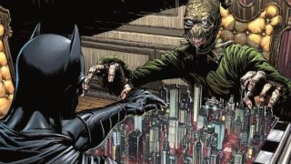 Scarecrow and Batman play chess with a Gotham City model on the cover for Batman: The Dark Knight #15.