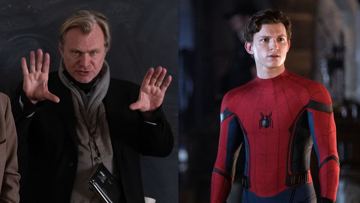 Christopher Nolan directing a scene from Oppenheimer side-by-side with Tom Holland in as Spiderman in Spiderman: Far From Home.